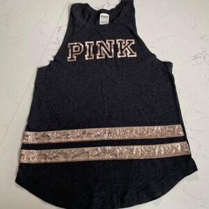 Victoria's Secret PINK Sequin Logo Tank Top Gray Sleeveless Shirt XS